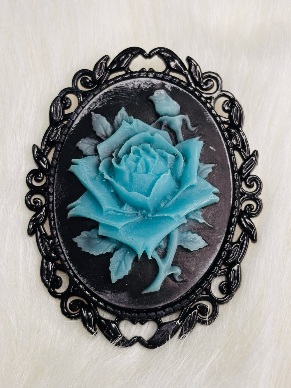 Turquoise Blue Rose Black Cameo Gothic Brooch